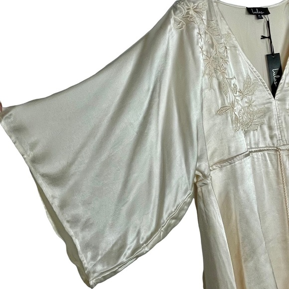 LULUS THESE WORDS LIGHT BEIGE SATIN KIMONO SLEEVE DRAWSTRING EMBROIDERED DRESS - Picture 8 of 16